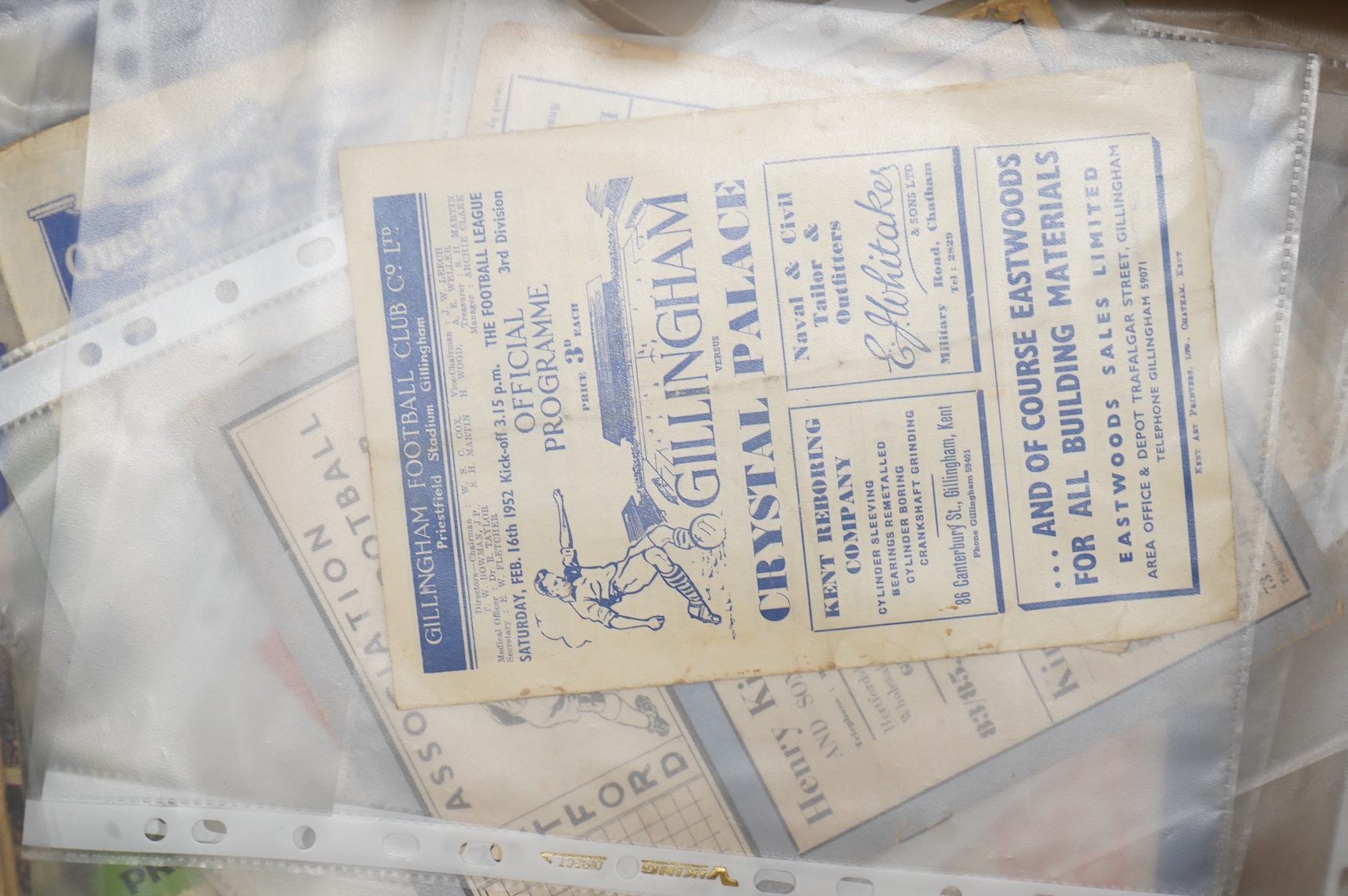 A collection of 1940s-70s football programmes, including Millwall, Fulham, Everton, Newcastle United, Crystal Palace, Leyton orient, Charlton Athletic, Brighton Hove Albion, Leicester City etc.